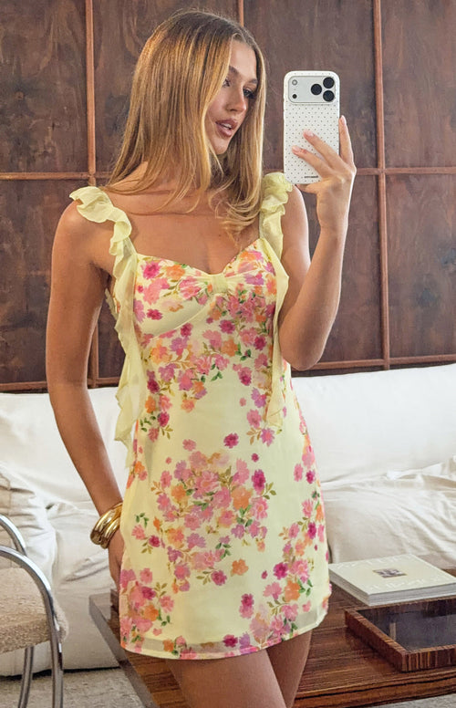 Joyce Yellow Bloom Chiffon Mini Dress