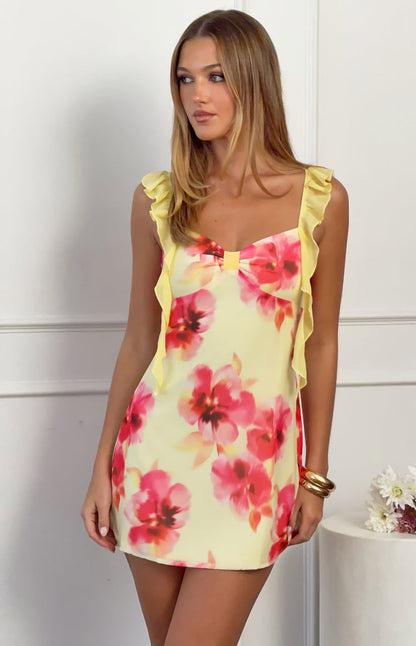 Joyce Yellow and Pink Floral Print Chiffon Mini Dress