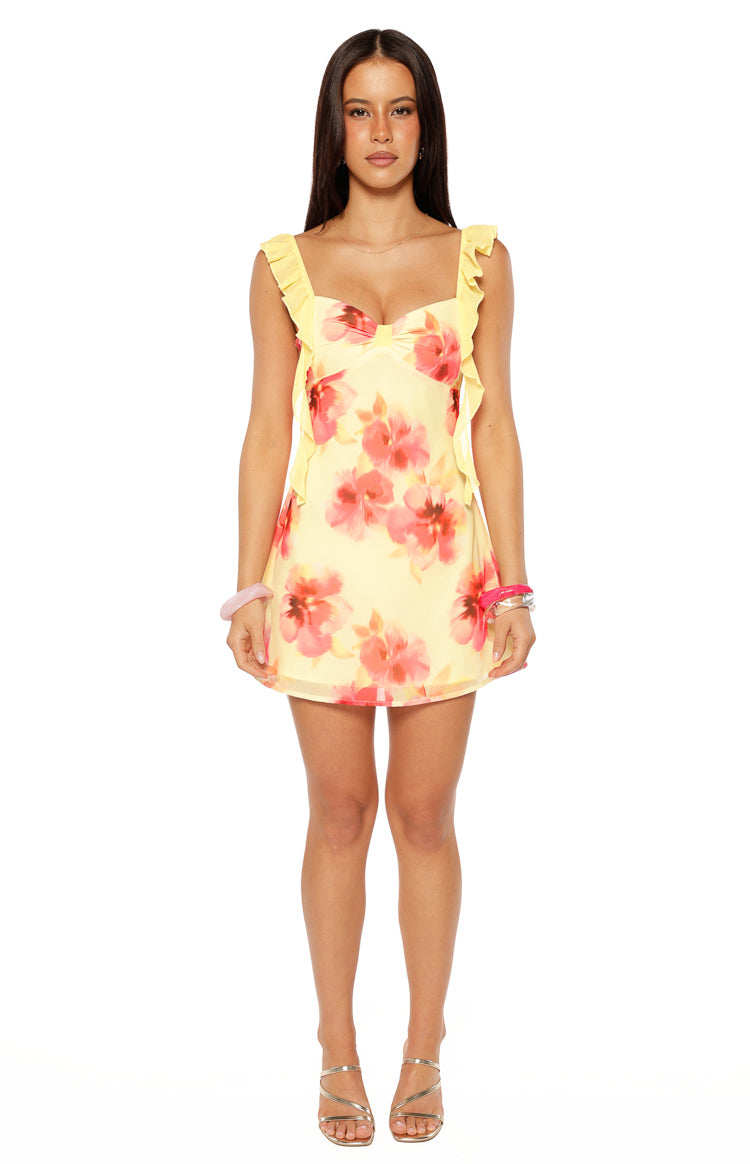 Joyce Yellow and Pink Floral Print Chiffon Mini Dress