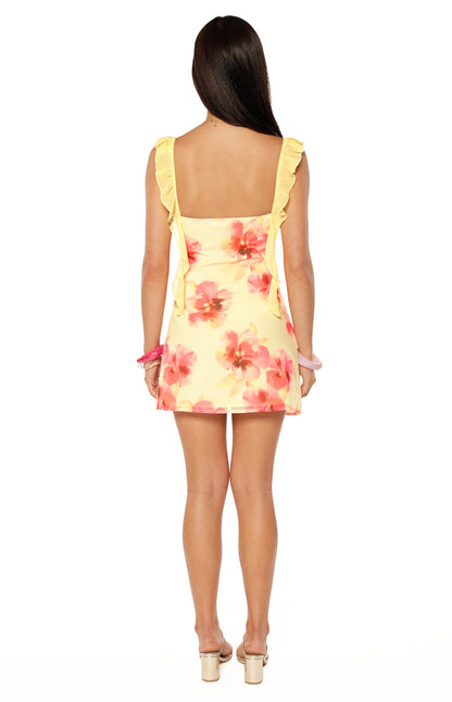 Joyce Yellow and Pink Floral Print Chiffon Mini Dress