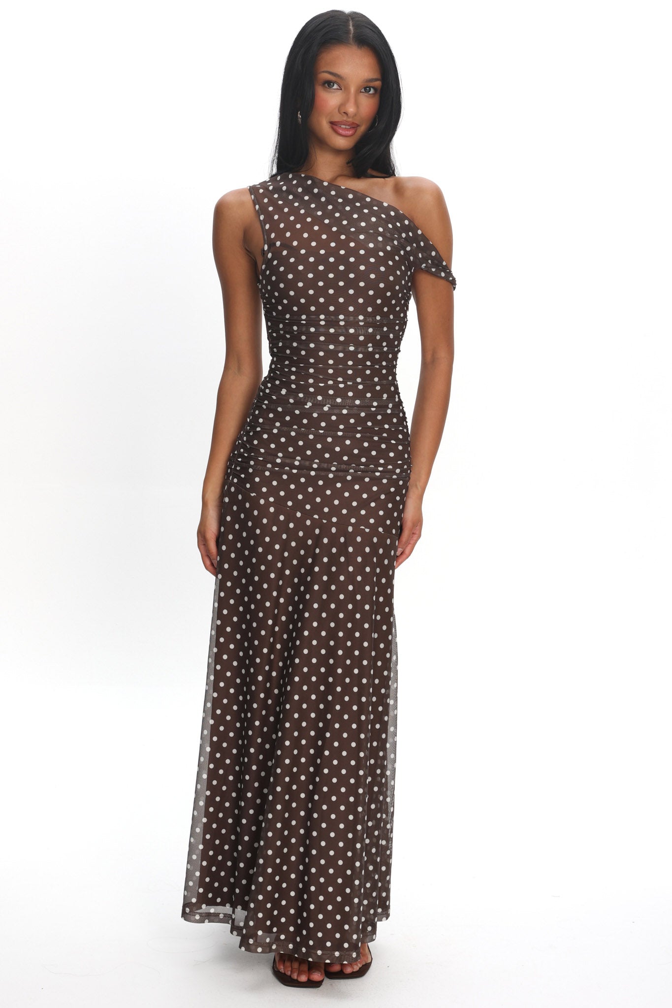 Lylah Asymmetric Neckline Mesh Maxi Dress Polka Dot Chocolate