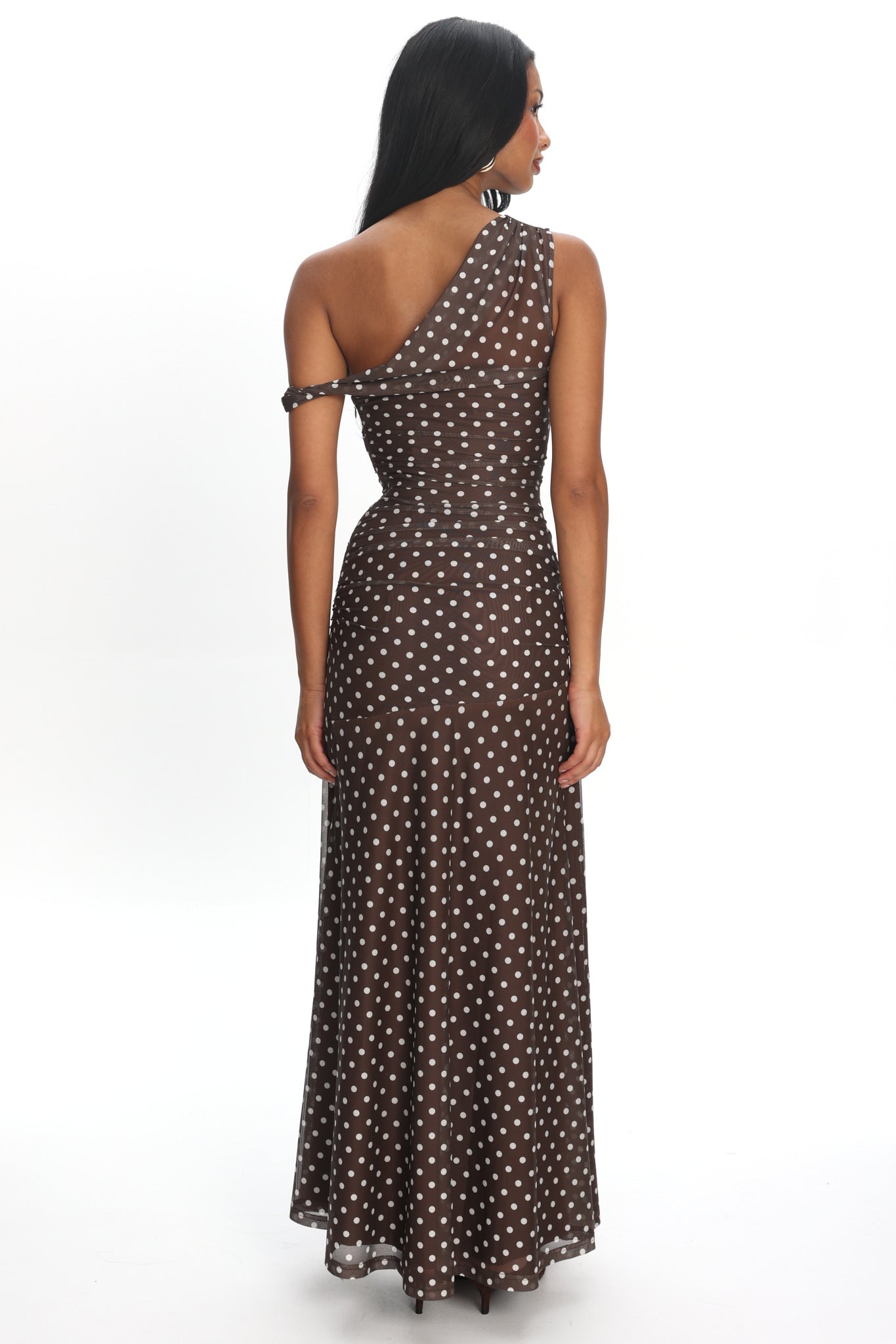 Lylah Asymmetric Neckline Mesh Maxi Dress Polka Dot Chocolate