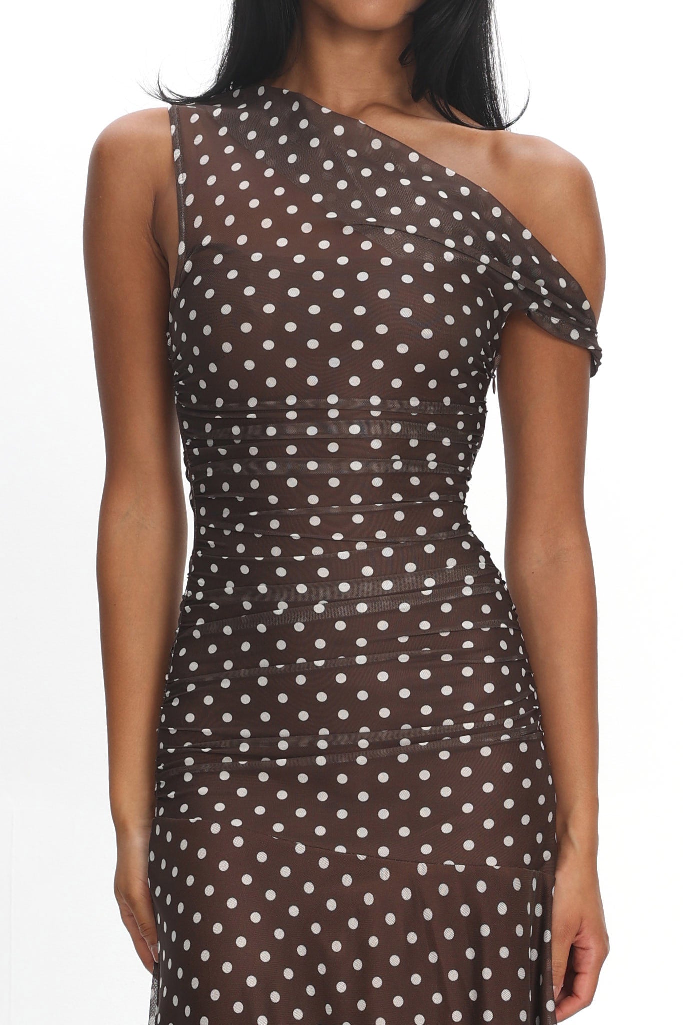 Lylah Asymmetric Neckline Mesh Maxi Dress Polka Dot Chocolate
