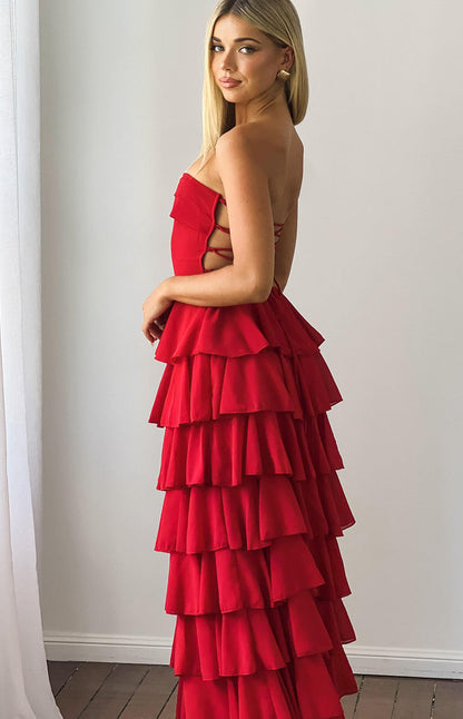 Kim Red Strapless Ruffle Maxi Dress