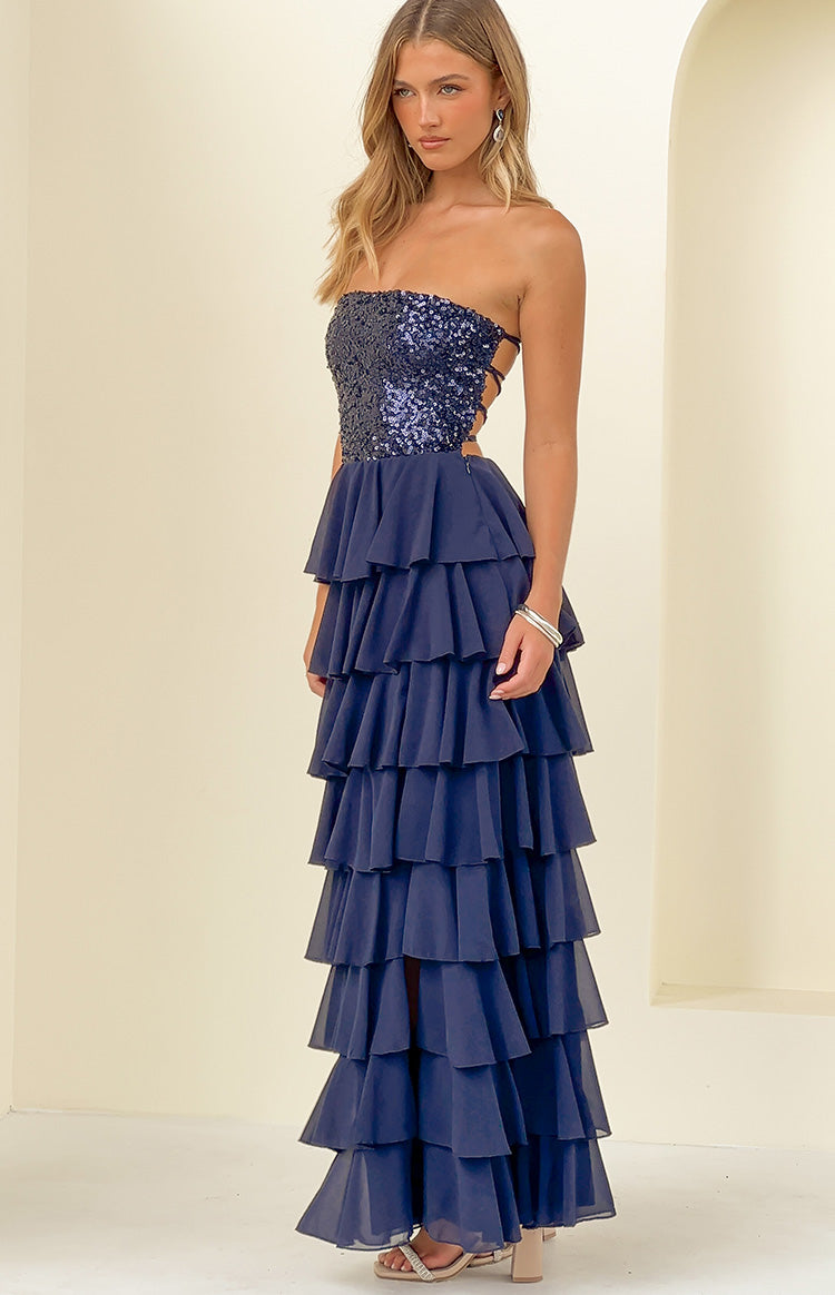 Kimberley Navy Sequin Strapless Ruffle Maxi Dress