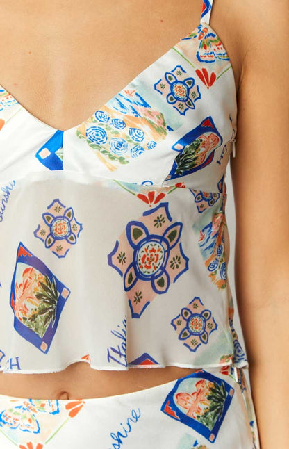 Kyrah White Satin Italia Print Crop Top