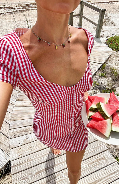 Lauree Red Gingham Button Front Mini Dress