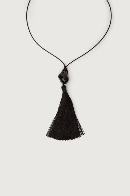 BLACK STONE TASSEL CORD NECKLACE