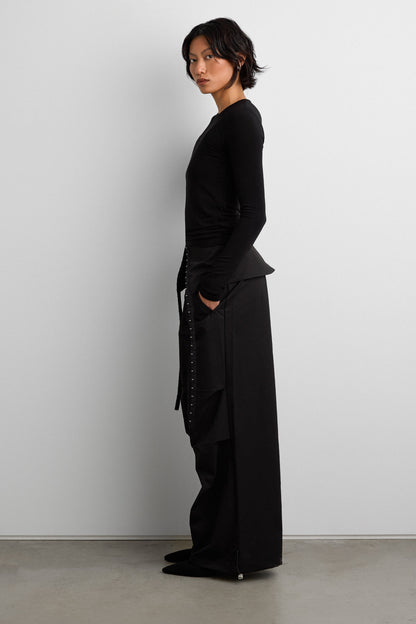 DRAPED WIDE LEG PANT WITH HOOK AND EYE DETAIL