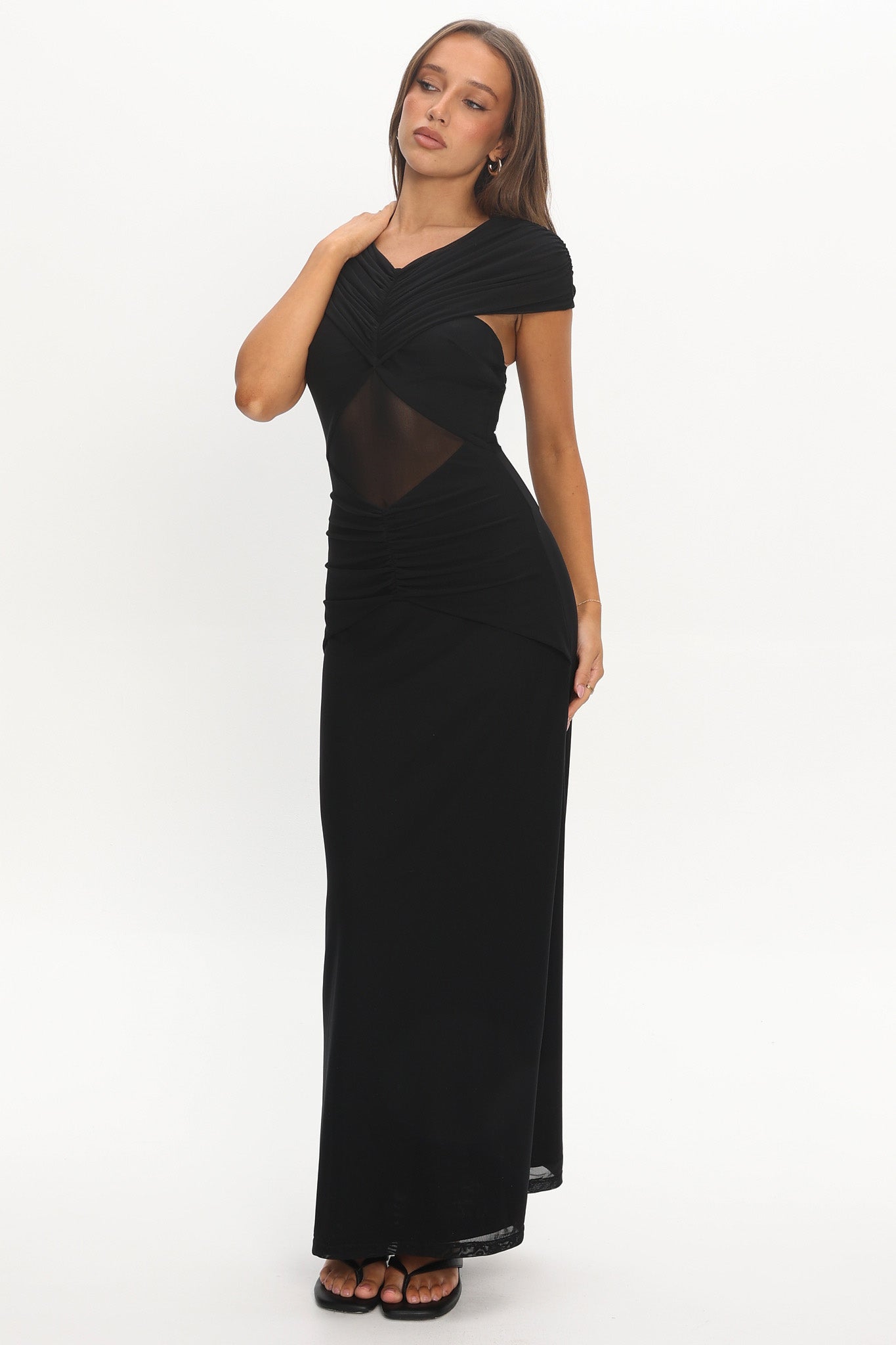 Reba Sheer Waist Ruched Maxi Waist Black