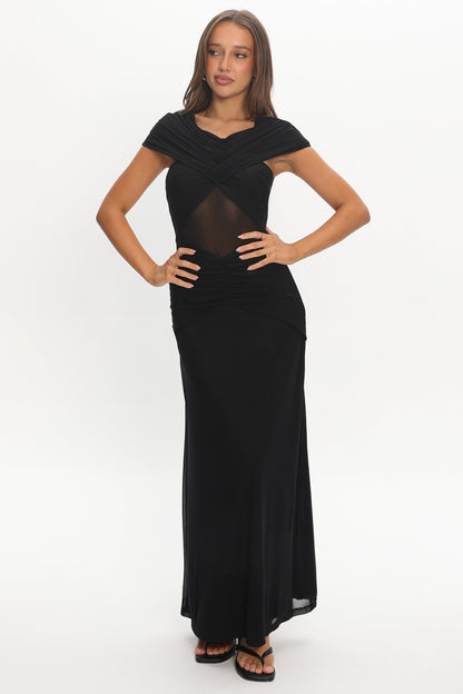 Reba Sheer Waist Ruched Maxi Waist Black