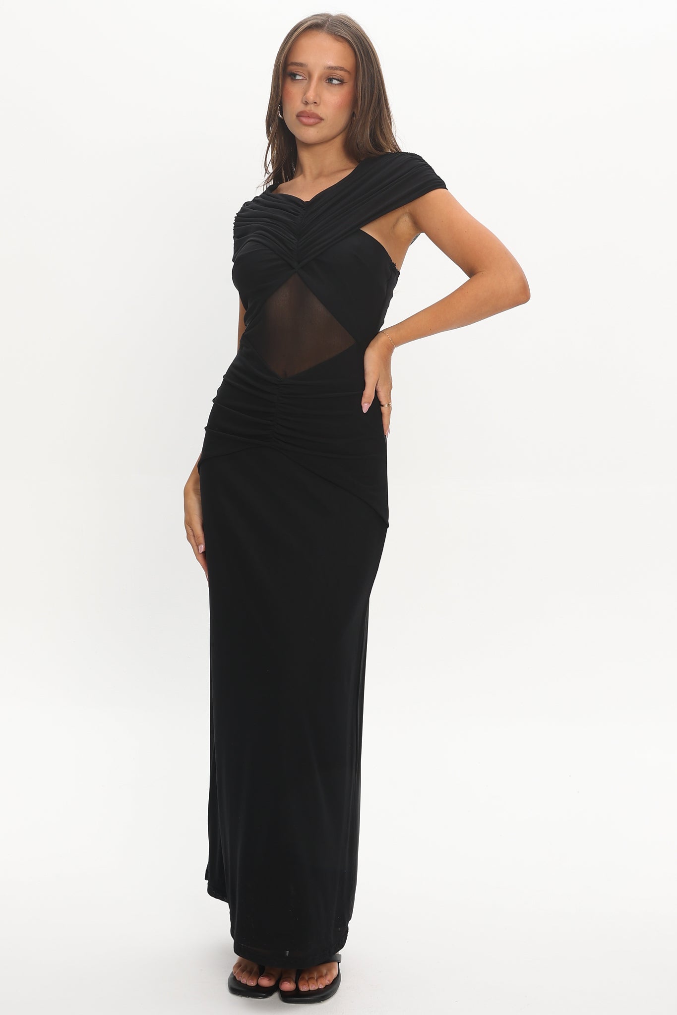 Reba Sheer Waist Ruched Maxi Waist Black