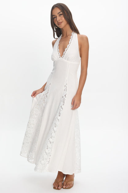 Claudette Halterneck Lace Trim Maxi Dress White