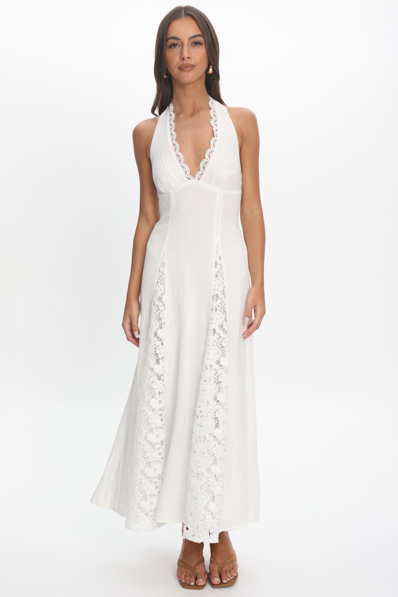Claudette Halterneck Lace Trim Maxi Dress White