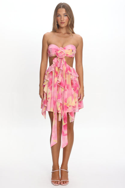 Santiago Cut-Out Ruffle Mini Dress Print Pink