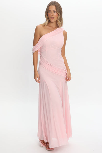Anaisa Asymmetric Neckline Draped Maxi Dress Light Pink