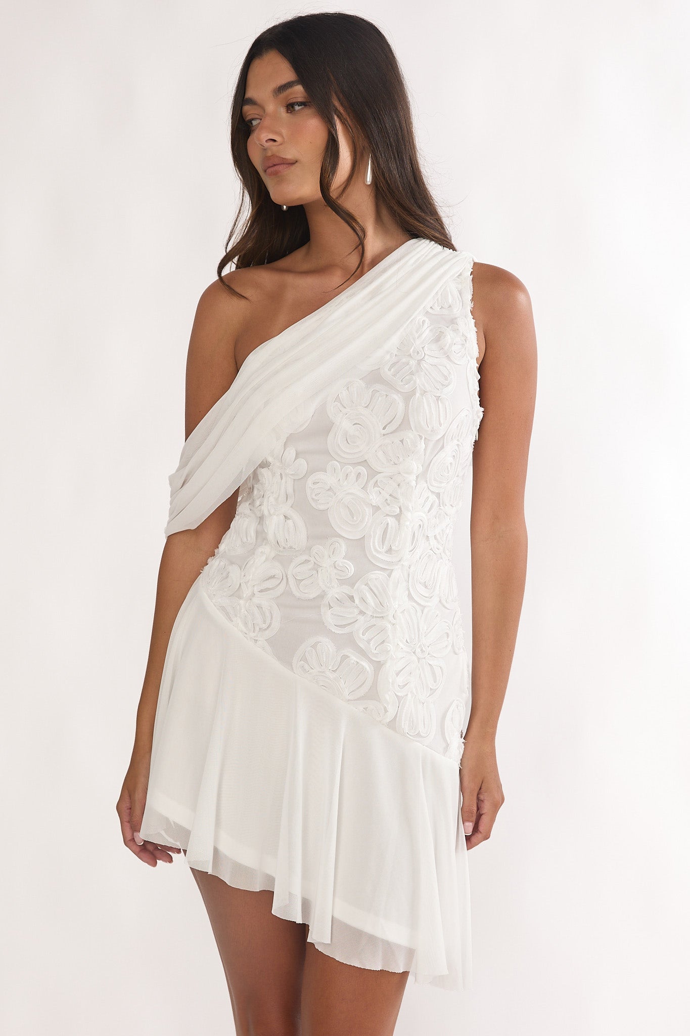 Anaisa One-Shoulder Draped Mini Dress Embellished Off White