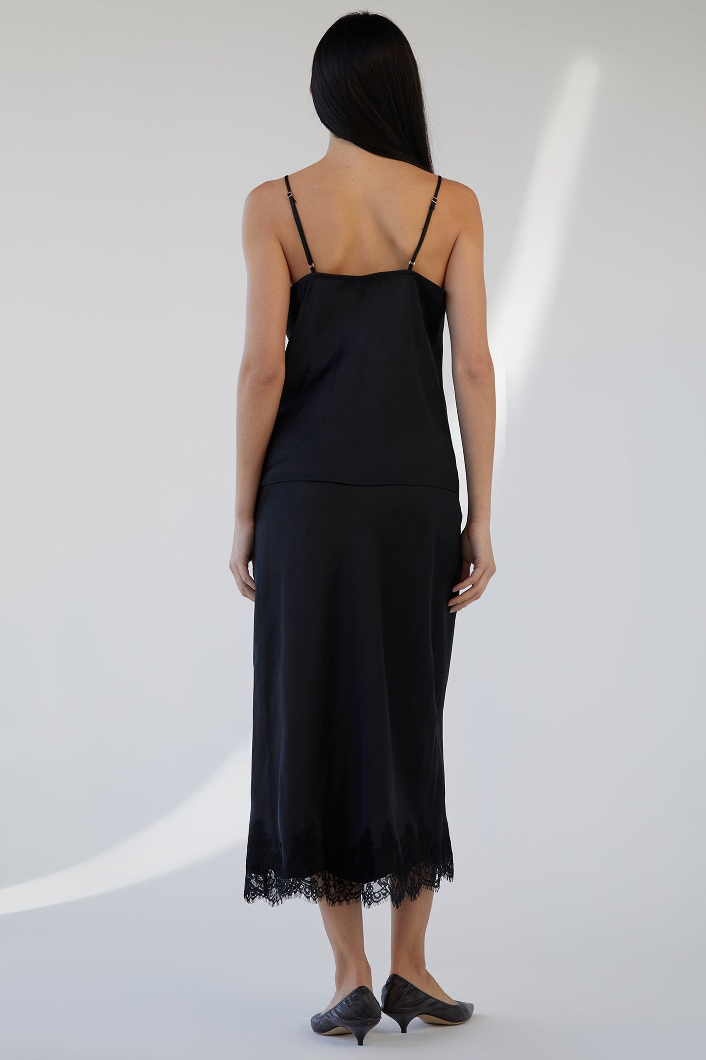 LACE TRIM SATIN MIDI SKIRT