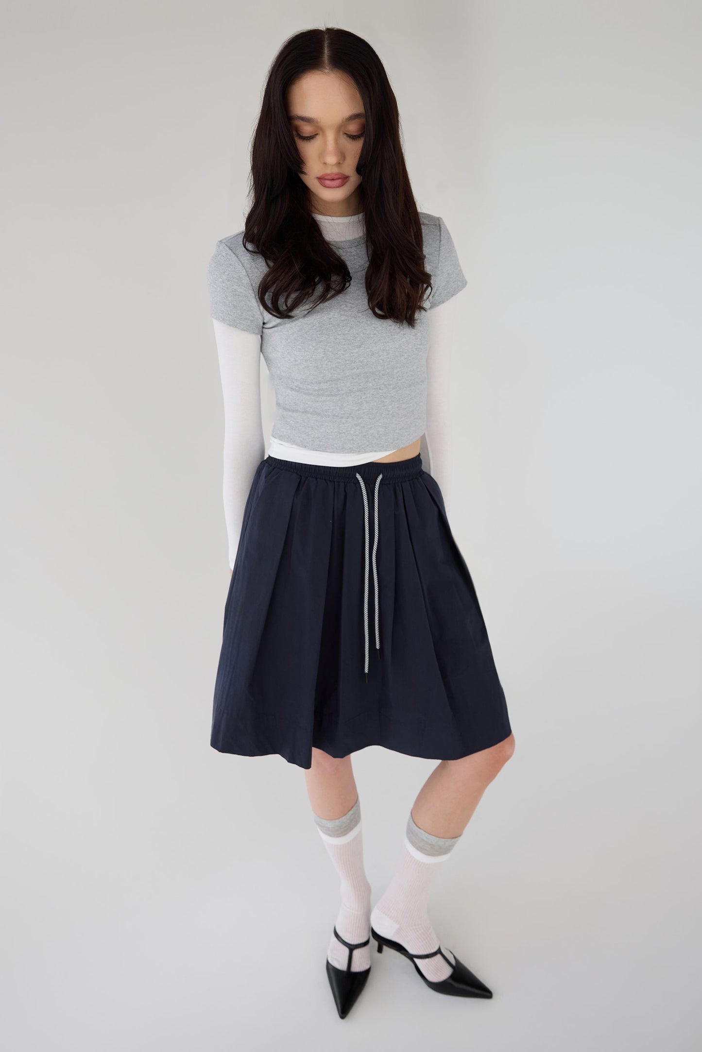 PLEATED DRAWSTRING MIDI SKIRT
