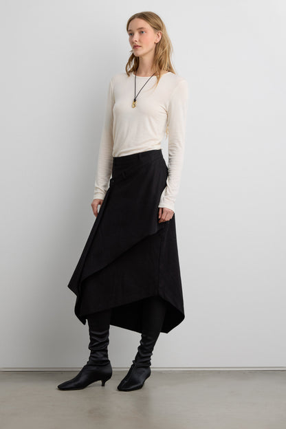 ASYMMETRICAL MIDI WRAP SKIRT