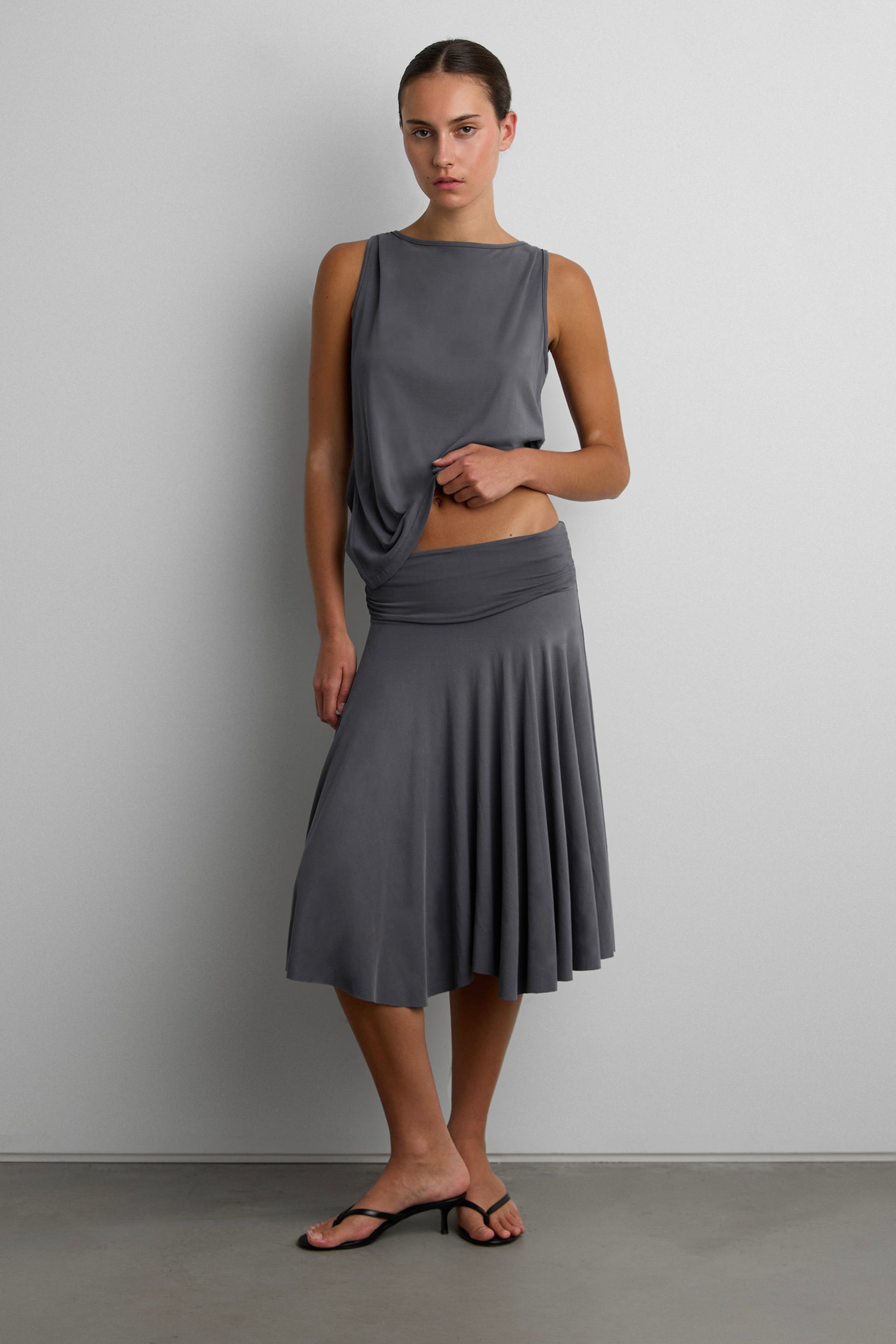 2-WAY RUCHED WAIST MIDI SKIRT