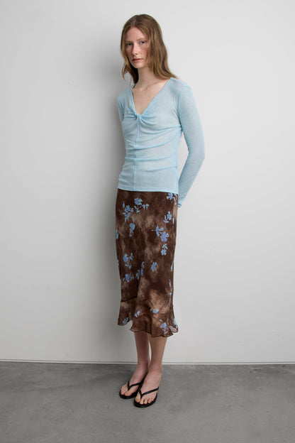 TIE-DYE FLORAL RUFFLE MIDI SKIRT
