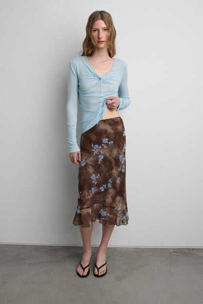 TIE-DYE FLORAL RUFFLE MIDI SKIRT
