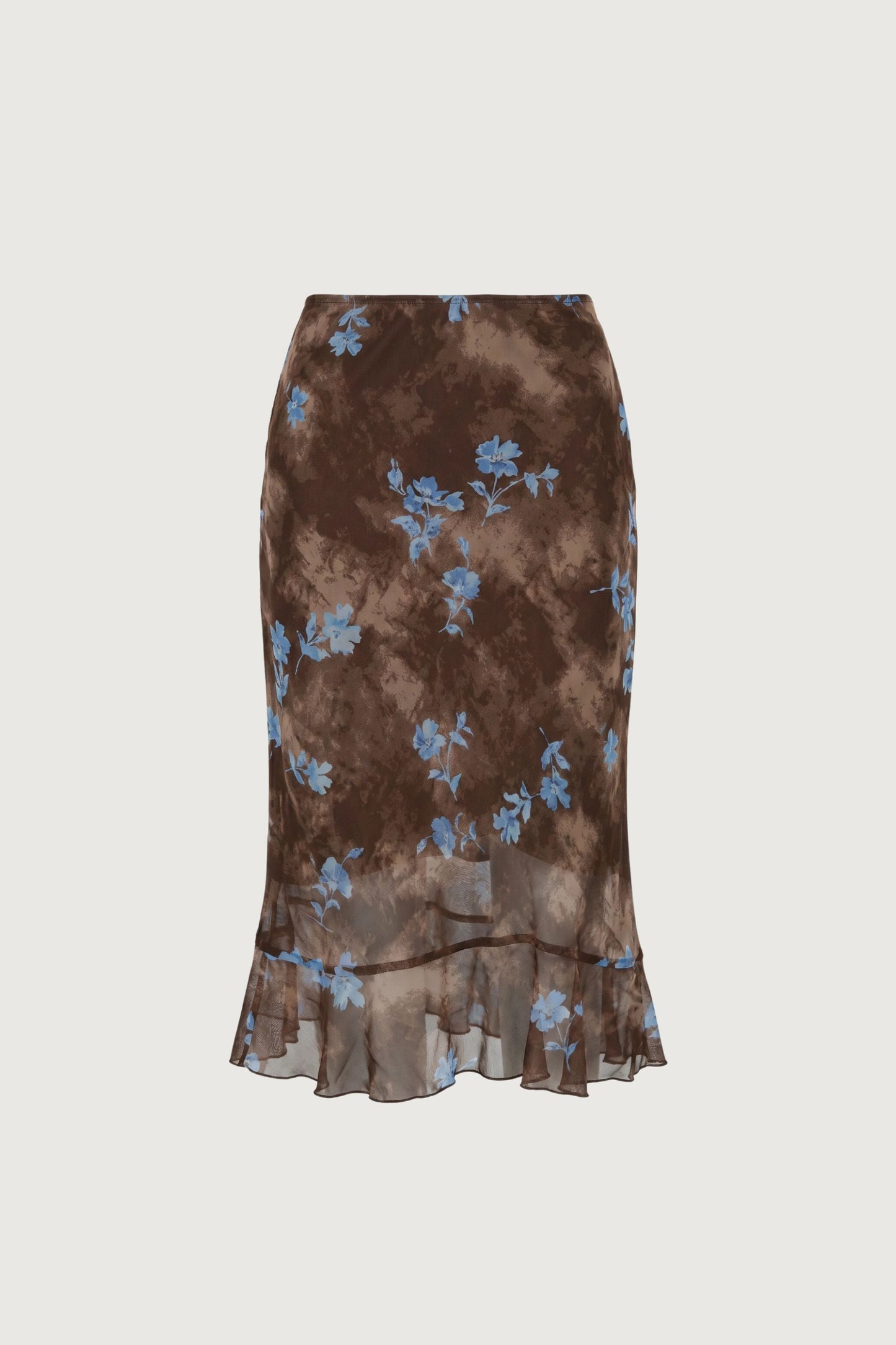 TIE-DYE FLORAL RUFFLE MIDI SKIRT