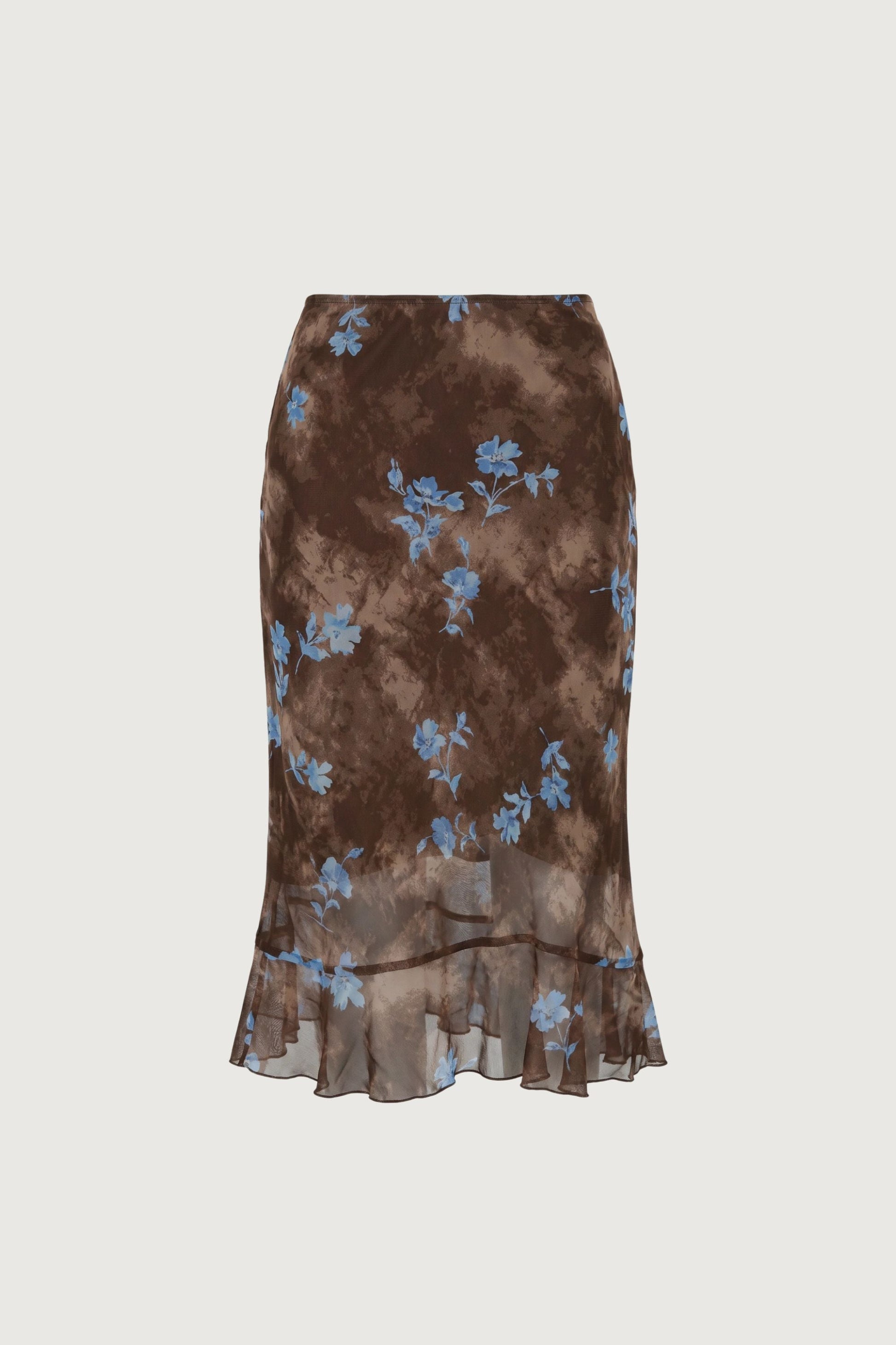 TIE-DYE FLORAL RUFFLE MIDI SKIRT