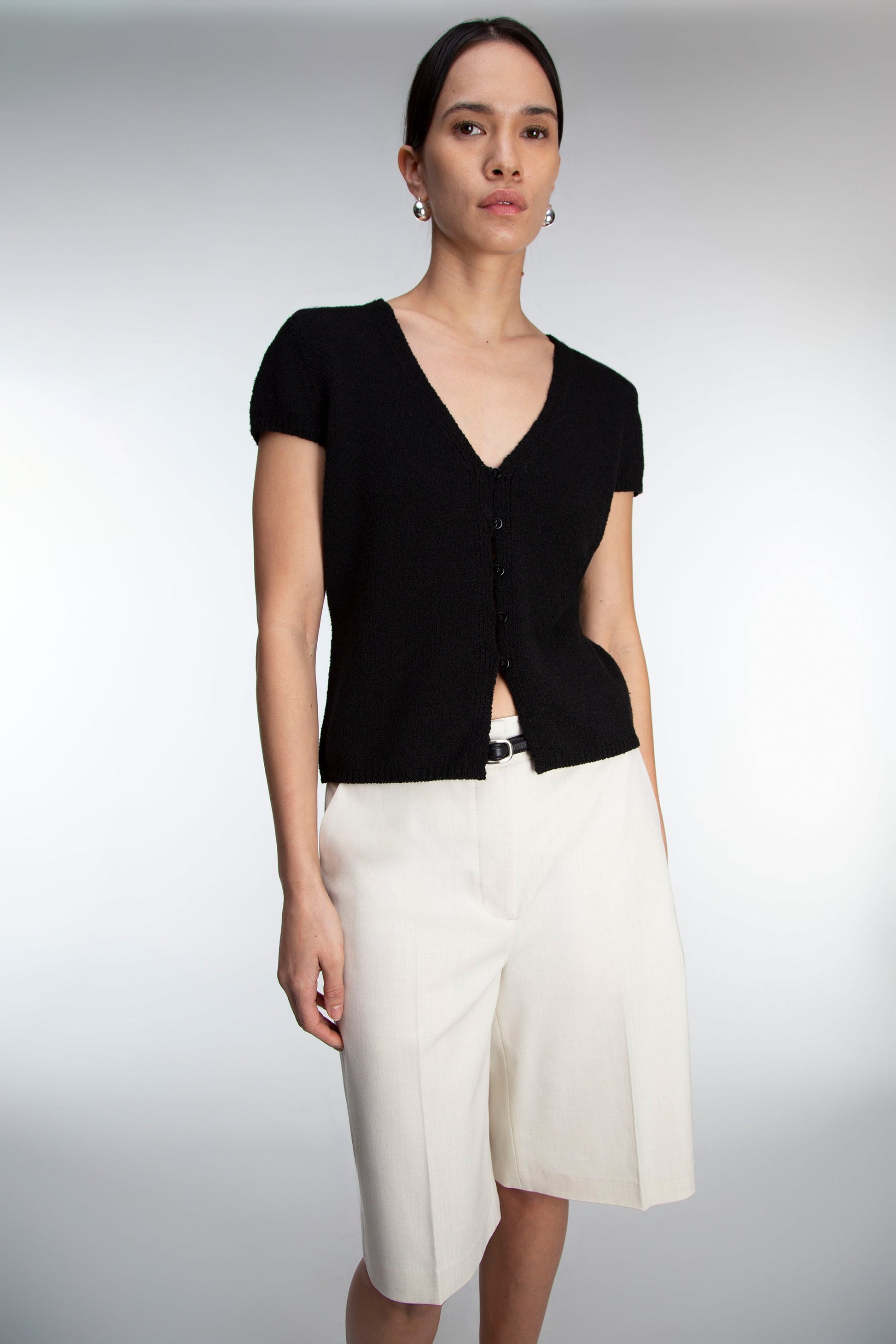 BUTTON FRONT CAP SLEEVE SWEATER