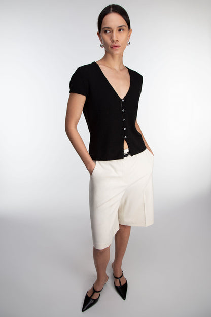 BUTTON FRONT CAP SLEEVE SWEATER