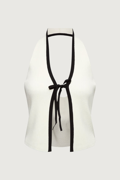 KNIT HALTER TOP WITH CONTRAST BOW
