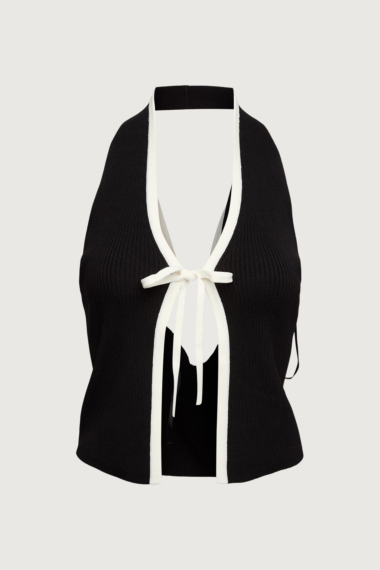 KNIT HALTER TOP WITH CONTRAST BOW