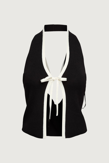 KNIT HALTER TOP WITH CONTRAST BOW