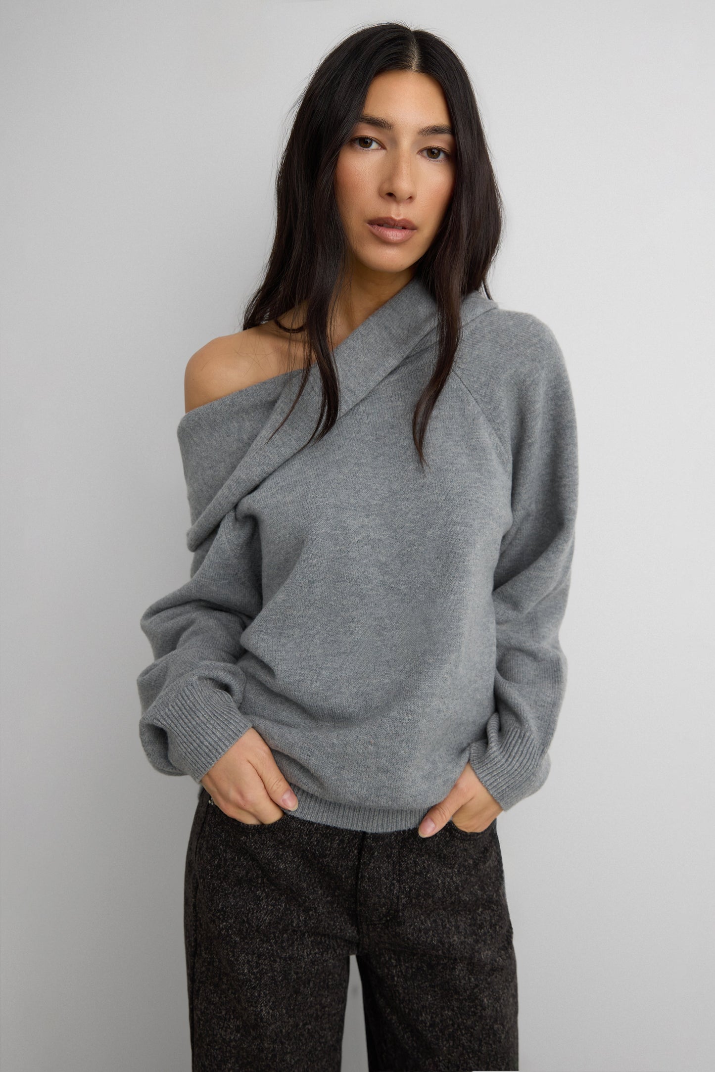 OFF THE SHOULDER SLOUCHY SWEATER HOODIE