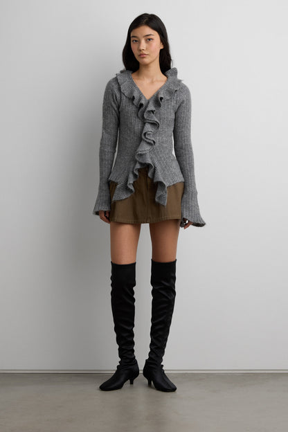 RUFFLED V-NECK SWEATER