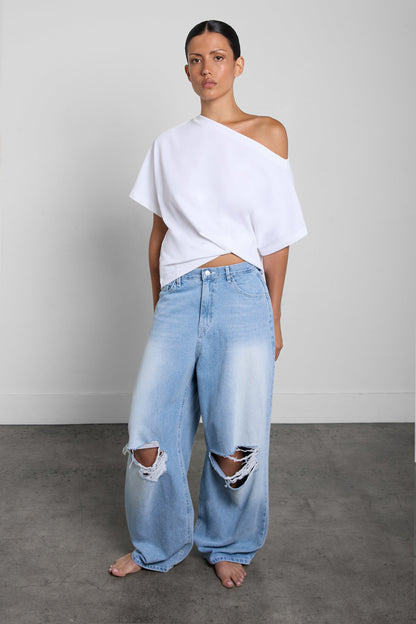 OFF THE SHOULDER COTTON JERSEY T-SHIRT