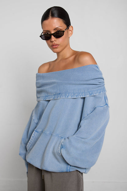 GARMENT DYED SLOUCHY OFF THE SHOULDER HOODIE