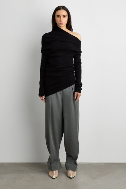 ASYMMETRICAL OFF-SHOULDER RIBBED KNIT TOP