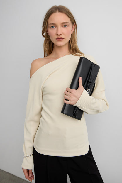 RIBBED KNIT OFF-SHOULDER DRAPED TOP