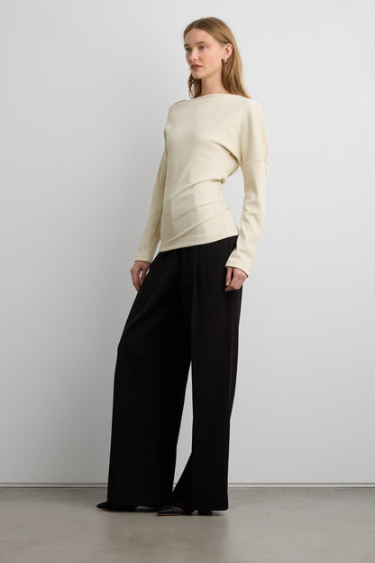 RIBBED KNIT OFF-SHOULDER DRAPED TOP