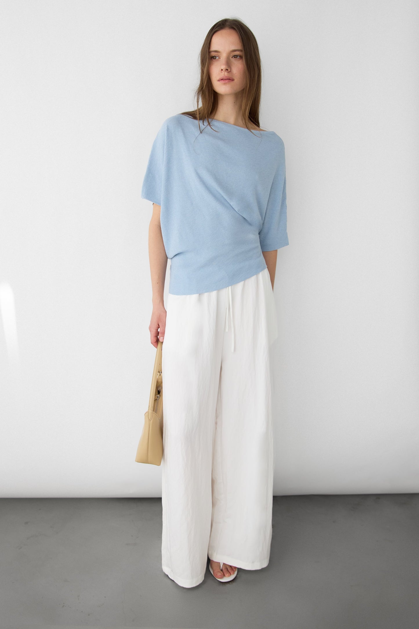 TEXTURED BOAT NECK DROP SLEEVE KNIT PULLOVER