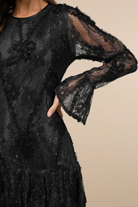 Darling Era Black Lace Applique Long Sleeve Ruffled Mini Dress