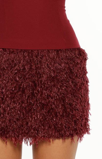 Halo Burgundy Strapless Fur Mini Dress