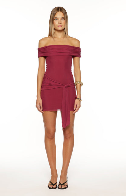 Heather Burgundy Off Shoulder Wrap Mini Dress